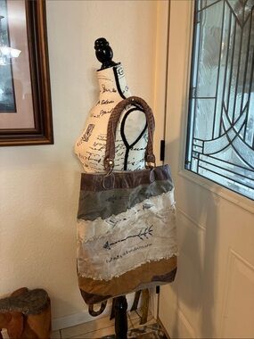 Patchwork Canvas Tote with Leather Handles - Brown/Olive/Beige